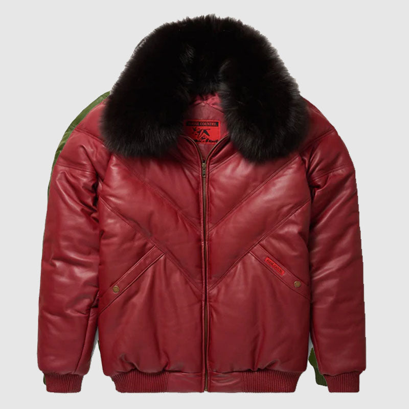 Buy Burgundy Leather V-Bomber Jacket