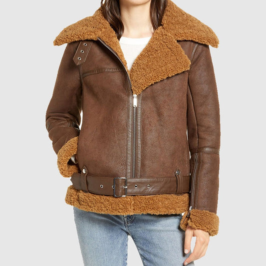 Shop Best Looking Winter Classic Brown Women’s Faux Shearling Jacket For New Year Discountable Sale