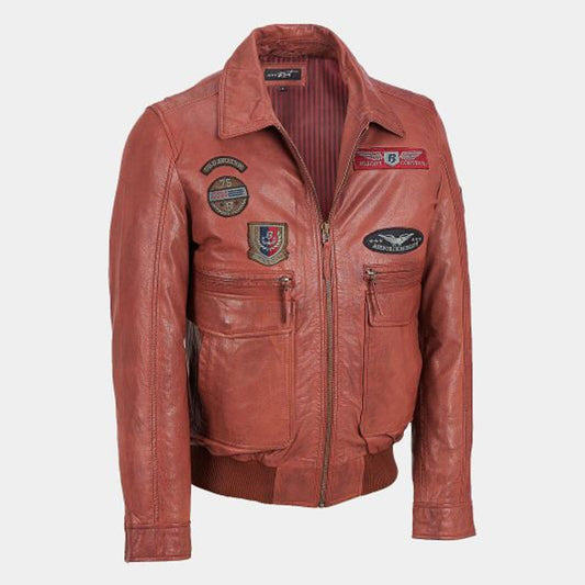 Shop Best Quality of Fashion Brown leather Bomber Jacket With Patches For Sale