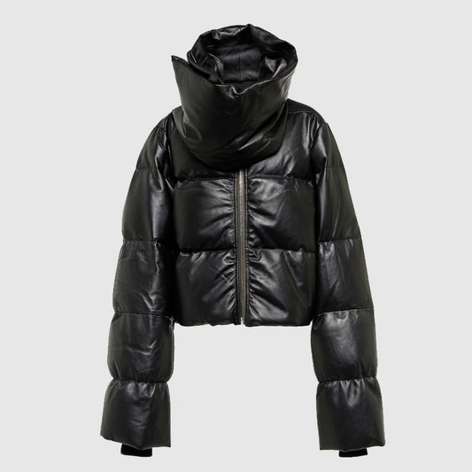Shop Best Winter Funnel-Neck Leather Down Jacket Genuine Puffer Jacket