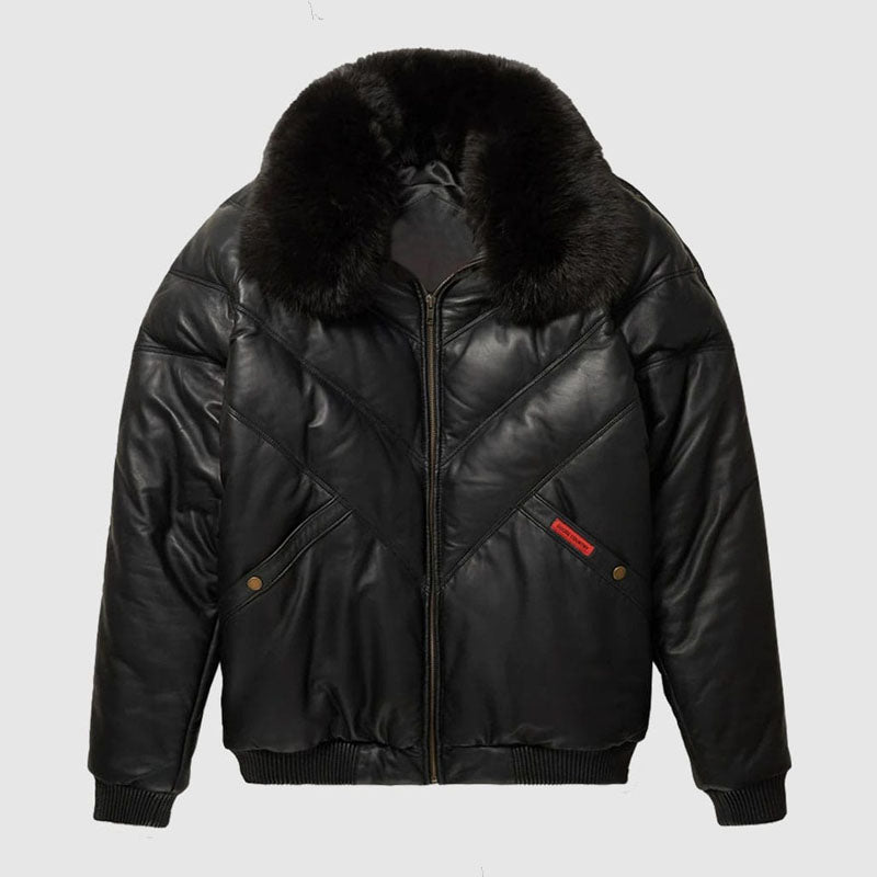 Buy Best Black Leather Fox Fur Collar Jacket For Sale