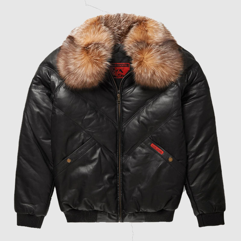 Black Bubble Puffer Leather Jacket With Original Fox Fur Collar Jacket
