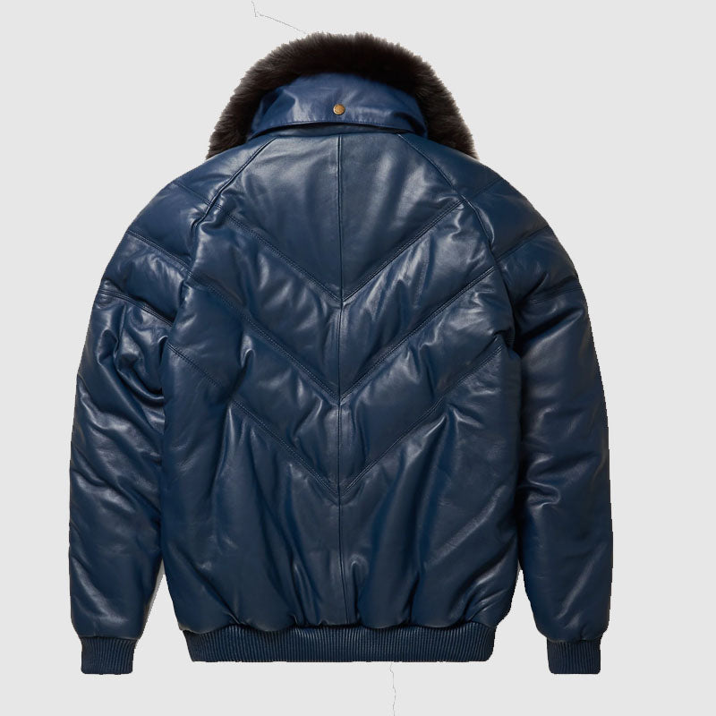 Buy Original Navy Leather V- Bomber Bubble Jacket For Sale