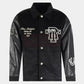 Shop New Style 2023 Genuine Onyx Black Collared Leather Varsity Jacket For Sale