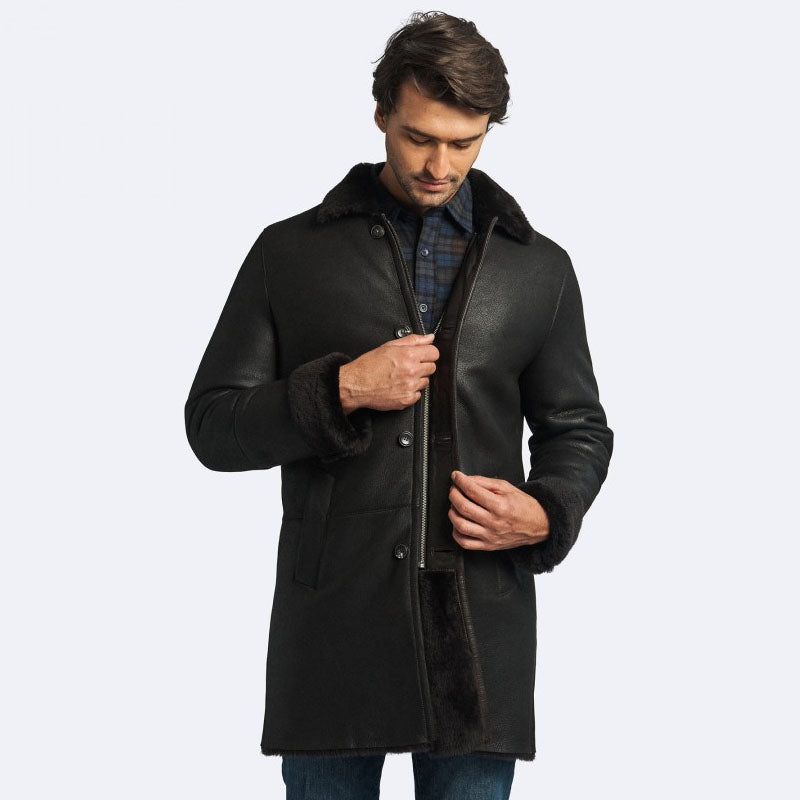 Shop Miles Men’s Dark Oak Shearling Coat at Reduced Price
