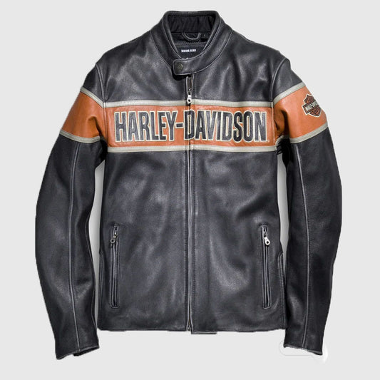 Veste Harley Davidson Moto Noir HD | Homme Fait à la main Real Cowhide Harley Noir Et Orange Avec Blanc Stripe Biker Veste en Cuir