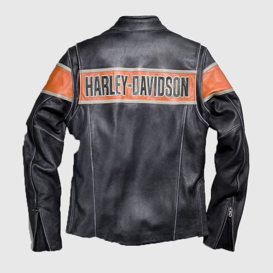 Veste Harley Davidson Moto Noir HD | Homme Fait à la main Real Cowhide Harley Noir Et Orange Avec Blanc Stripe Biker Veste en Cuir