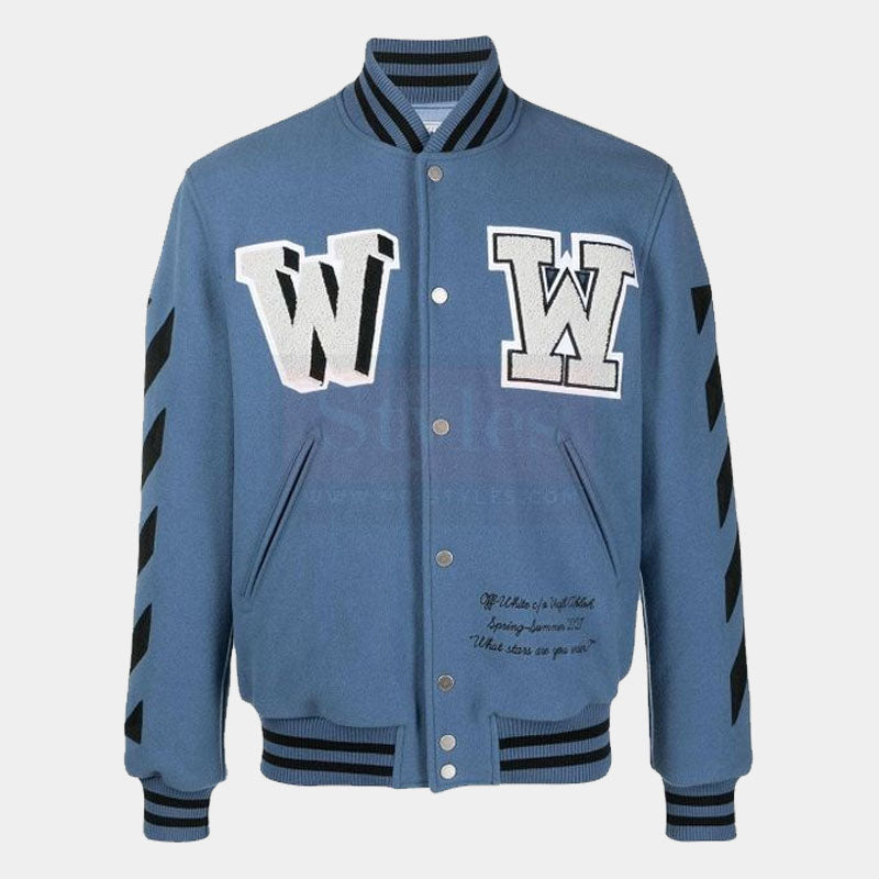 View full screen Off-White Virgil Abloy Men's Blue Logo Varsity Jacket For Sale