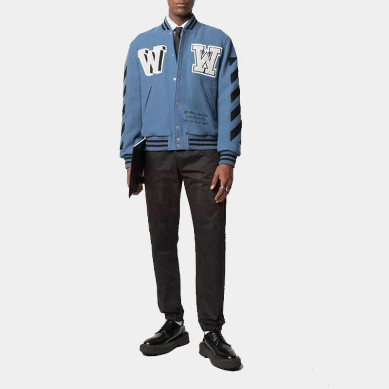 View full screen Off-White Virgil Abloy Men's Blue Logo Varsity Jacket For Sale