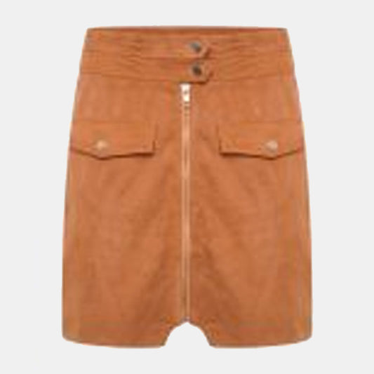 New Style Women’s Tan Real Suede Skirt with Zip Detailing