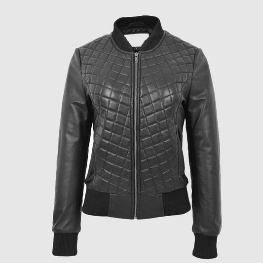 New High Quality Womens Leather Varsity Quilted Bomber Jacket Sally Black