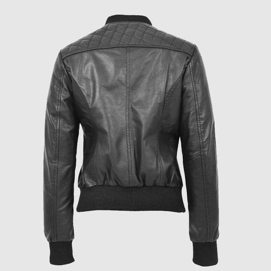 New High Quality Womens Leather Varsity Quilted Bomber Jacket Sally Black
